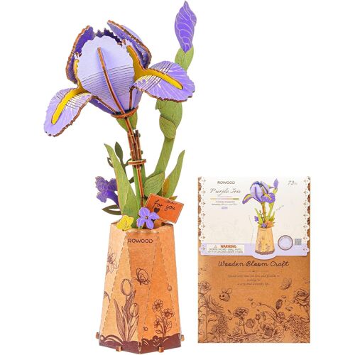 KALANKA-Iris violet fleur artificielle en bois puzzle 3D kit de bricolage pour adultes enfants fleur en bois kit de modélisme pour décoration de la maison idée cadeau créative pour la fête des mères