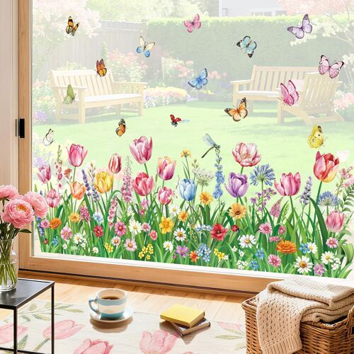 KALANKA-Autocollants Fenêtre Tulipes Fleurs Printemps Été Anti-Collision Stickers Fleur de Jardin Herbe Verte Coin Plinthe Papillon Stickers Vitre Anti-Adhésifs Fenêtre Porte Cuisine Décalques
