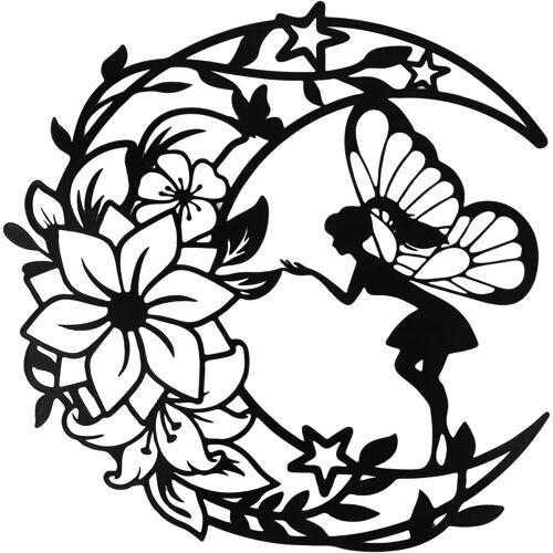 KALANKA-Décoration murale en métal noir - Motif lune, elfe et fée des fleurs - Décoration murale minimaliste - Sculptures murales modernes pour chambre à coucher, bureau, salle de bain, cuisine