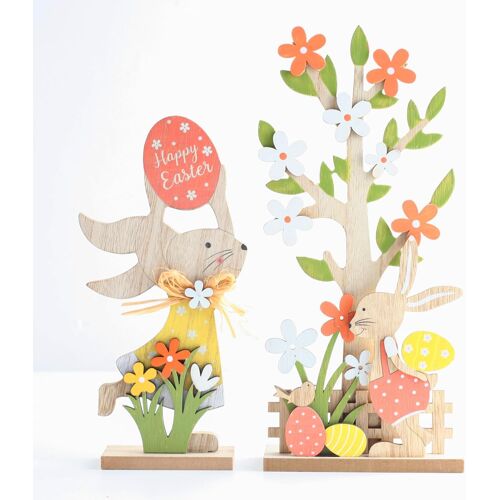 KALANKA-2 Pièces Lapin de Paques Decoration pour Debout Artisanat de Pâques en Bois avec Fleurs, Arbres,?ufs de Pâques en Bois pour Deco Table Paques, Jardin de Maison en Plein Air Déco de Pâques