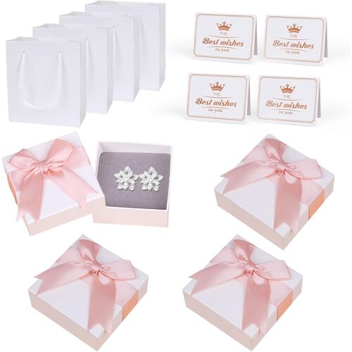 Kalanka-Lot De 4 Boîtes Cadeaux Pour Bijoux, Petites Boîtes Cadeaux, 7 X 7 X 3,5 Cm, Avec Couvercle Et Cartes De V?ux, Petite Pochette Cadeau, Pour Bracelet, Bague, Collier, Boucles D'oreilles (Rose)