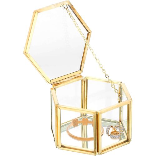 Kalanka-Boîte Bijoux Verre Doré Transparent, Boîte À Bijoux Hexagone En Verre, Boîte À Bijoux En Verre Transparent, Boîte À Bijoux Géométrique Doré, Pour Colliers, Bagues, Bracelets, 3,15* 2,75 * 1,7
