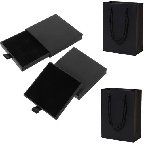 Kalanka-Lot De 2 Bijoux Boite Cadeau, Boîtes Cadeaux De Bijoux En Carton Avec 2 Sacs Cadeaux, Boîtes À Bijoux Carrées En Carton Kraft Noir Pour Collier Boucles D'oreilles Bracelet