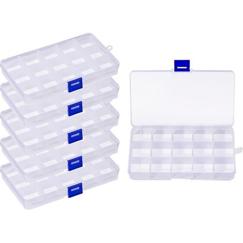KALANKA-6 Pièces Boite Rangement Plastique, Boite a Bijoux Casier Rangement, Boite de Rangement Plastique Ajustable à Usages Multiples, Petite Boite Plastique (15 Compartiments, Transparent)