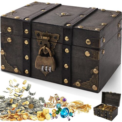 KALANKA-Coffre Trésor Vintage en Bois, Boite avec Cadenas Pirate, Coffre fort Enfant Bois a Code Boîte à Bijoux avec Couvercle Pour Enfant Tirelire pour Stockage, Décoration(Gris)
