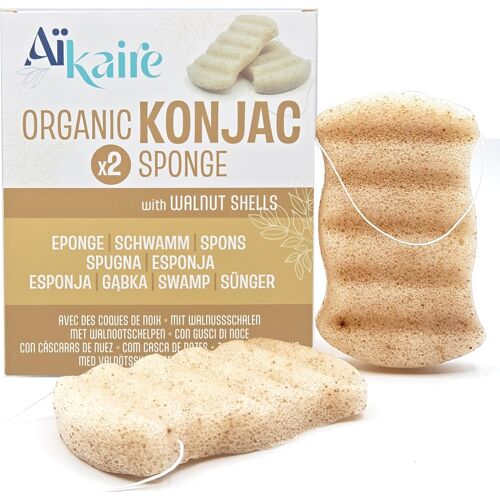 Kalanka-Eponge De Konjac Bio Exfoliante Grâce Aux Brisures De Coques De Noix Pour Le Corps | Lot De 2 Éponges Corps| Eponge Végétale Naturelle Nettoyante 