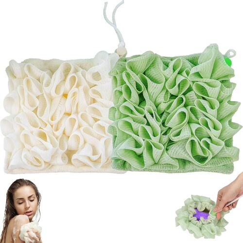 Kalanka-2pièces 2 En 1 Éponge De Bain En Luffa Et Mailles Fine,Tissu De Lavage Loofah Combo,Fleurs De Douche,Eponge De Douche Exfoliante Boule,Eponge De Douche Avec Cordon De Serrage,Pour Nettoyer La 