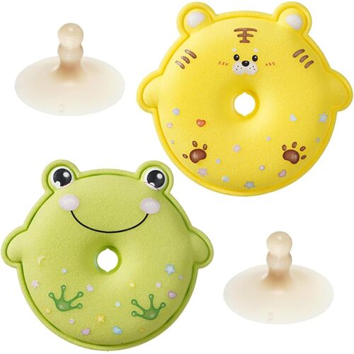 KALANKA-Lot de 2 Éponges de Bain pour Bébé, Éponges Hydrophiles, Mignonnes Éponges de Douche avec Support, Formes Animales Aléatoires Poussin, Tigre, Cochon, Chaton, Grenouille (Jaune & Vert)