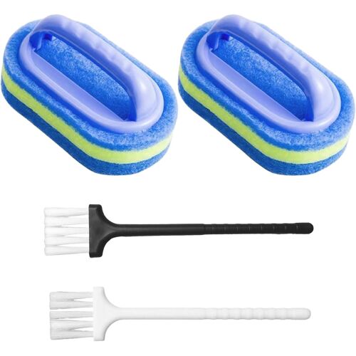 KALANKA-Lot de 2 éponges de nettoyage de salle de bain avec 2 mini brosses, brosse éponge de nettoyage avec poignée, éponge de nettoyage épaisse, brosse de carrelage murale de salle de bain