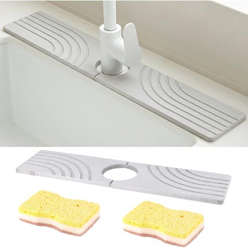 KALANKA-Tapis de Robinet pour évier de Cuisine,40x10cm Anti-éclaboussures en Diatomite avec 2 éponges de Nettoyage,Tapis d'égouttement pour évier,Tampon de Sechage Evier pour Cuisine Salle de bain,Gr
