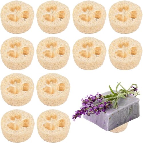 KALANKA-12 Pièces Naturel Luffa Éponge Coussin de Savon, Multifonctionnel et Antidérapant Porte-Savon en 100% Luffa, Lavables Réutilisables Éponge Loofah Naturel, pour Douche Bain Cuisine Plan de Tra