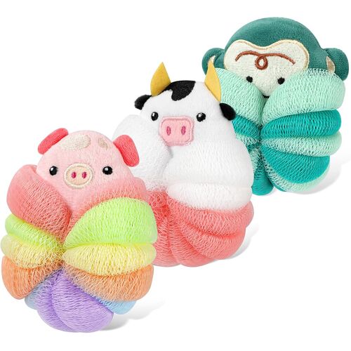 Kalanka-Lot De 3 Fleur De Douche Lavable Pour Enfants, Fleur De Bain Adorables Pour Le Corps, Pouf De Douche En Forme D'animal Éponges Luffa, Gommage Pour Le Corps Éponge En Maille Pour Enfants-B 
