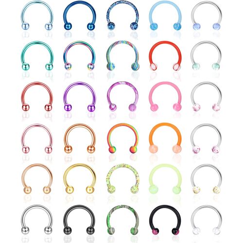 Kalanka-Yaodca 30 Pcs 16g Fer À Cheval Septum Anneaux En Acier Inoxydable Septum Nez Piercing Bijoux Sourcil Lèvre Anneaux Hoop Cartilage Helix Tragus Boucle D'oreille Pour Femmes Hommes 8 Mm 10 Mm