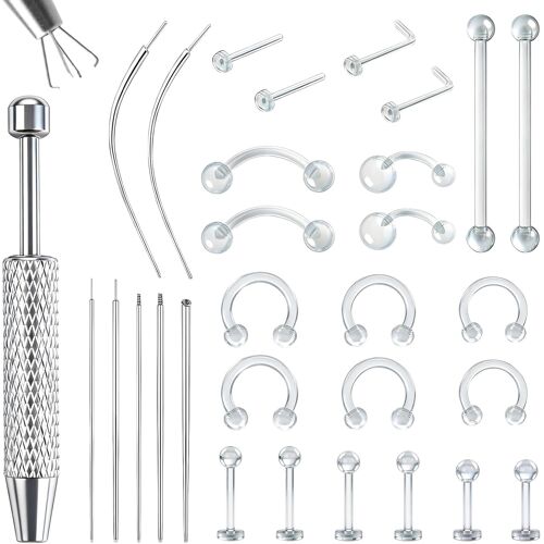 Kalanka-16g 18g Piercing Aiguilles Piercing Taper Ball Grabber, Avec 24 Bijoux Transparents Bioflex(14g/16g), 316l Acier Inoxydable Kit Perçage Corporel Pour Oreille Nez Lèvre Ventre