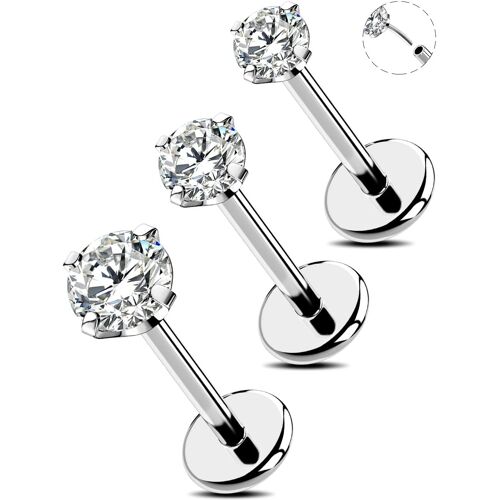 Kalanka-Lot De 3 Piercings De Nez 18/20g Dos Plat Conque Tragus Hélix Bijoux Sans Filetage En Acier Inoxydable 316l Labret Lèvre Cartilage Boucles D'oreilles En Clair Cz 6/8/10 Mm
