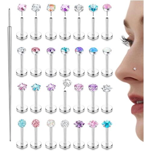 Kalanka-Lot De 28 Piercing Tragus Labret Levre Sans Fil À Dos Plat 16g/18g/20g Acier Chirurgical Hypoallergénique Piercing Nez Oreille Helix Conch Cartilage Argent 6/8mm