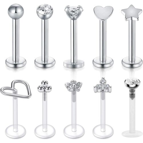 Kalanka-10 Pièces Labret Levre Acier Inoxydable 16g Piercing Tragus Helix Labret Piercing Nez Stud Labret Piercing Nez Studs Lèvres Bijoux Pour Hommes Femmes