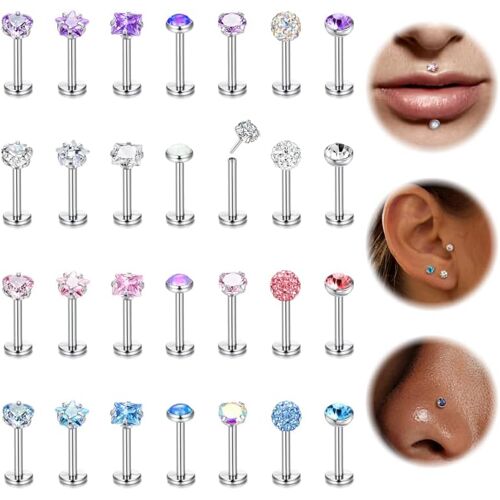 Kalanka-28 Pièces Labret Levre Acier Chirurgical 16/20g 6/8mm Tragus Piercing Levres Bouche Étoile C?ur Cz Opale Medusa Pour Femme