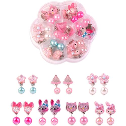 Kalanka-7 Paires De Boucles D'oreilles À Clip Sans Piercing Motif Boucles D'oreilles Habiller Princesse Bijoux Accessoires Filles Bambin Boîte Transparente