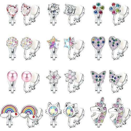 Kalanka-12 Paires Boucle D'oreille Clip Fille Enfants, Boucle Oreille Hypoallergéniques Clips Sans Trou Papillon Arc-En-Ciel Fleur Perle Non Percées Boucle Oreille, Clips Oreilles Pour Cadeaux D'anni