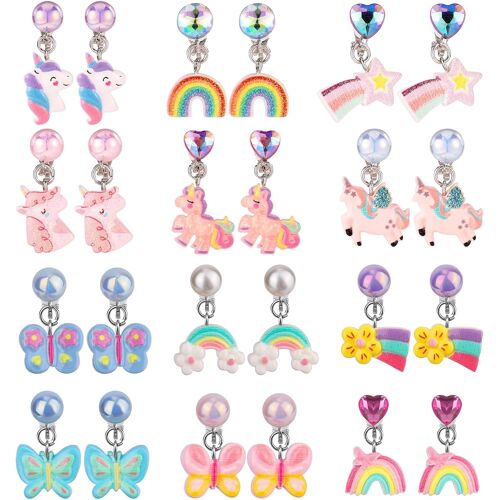 Kalanka-12 Paires Boucle D'oreille Clip Fille Enfants, Clips Oreilles Non Percées, Mignon Arc-En-Ciel Papillon Lot Boucles D'oreilles Femme, Bijoux Enfants Fille Pour Cadeaux D'anniversaire