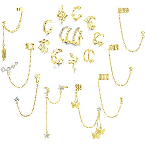 Kalanka-18 Pièces Oreille Manchette Boucles D'oreilles Avec Chaîne Pour Femmes Helix Cartilage Clip On Wrap Clips Oreilles Réglables Non Percées Manchette D'oreille Ensemble