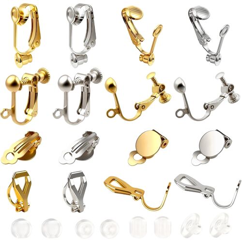 Kalanka-Toaob Fermoir Clip D'oreille 32pcs Boucle D'oreille À Clips En Acier Inoxydable En 4 Styles Argent Or En Plat Rond Plateau Composant De Conversion Fermoirs Pour La Fabrication De Bijoux Acces