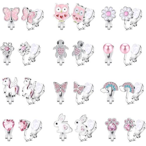 Kalanka-12 Paires Boucle D'oreilles Clip Fille Enfants, Boucle Oreille Sans Trou Mignon En Coeur Papillon Et Motif Floral, Princesse Bijoux Accessoires Pour Fête Anniversaire Cadeau
