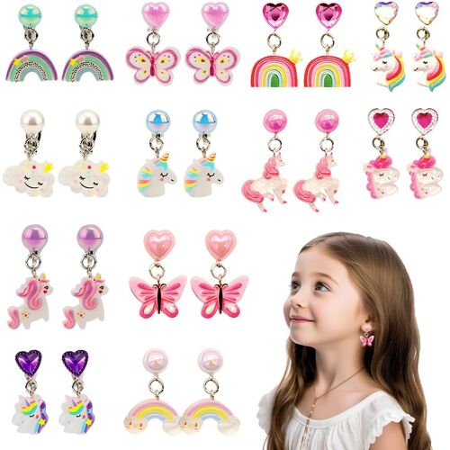 Kalanka-12 Paires Boucles D'oreilles Clip Fille Enfants, Licorne Mignon Arc-En-Ciel Non Piercing Boucles D'oreilles Princesse Bijoux Accessoires Fête Anniversaire Cadeau