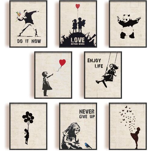 KALANKA-Lot de 9 Impressions sur Toile de Banksy - Panda Sans Cadre - Citations Inspirantes - Pour Chambre à Coucher, Salon - 20,3 x 25,4 cm