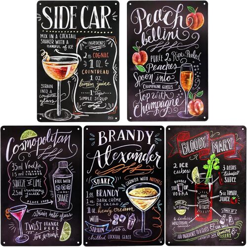 KALANKA-5PCS Cocktail Tin Sign Plaque Murale Vintage Boisson Menu Recette Tin Peinture Métal Retro Home Wall Decor Bar Pub Restaurant Cuisine Plaque Affiche Signes
