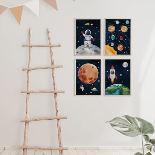 KALANKA-® Lot de 4 posters pour chambre d'enfant astronaute,Format A4,A4,Fusées spatiales,Décoration pour chambre d'enfant,Pour fille,Poster mural de qualité supérieure,Astronaut V3