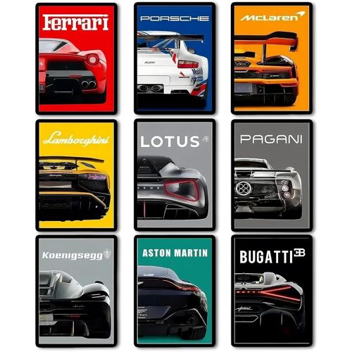 KALANKA-Lot de 9 posters de voiture, posters de supercar, art mural pour garçons et hommes, chambre à coucher, art mural de voiture de course pour bureau, salon, cadeau pour les amateurs de voitures,