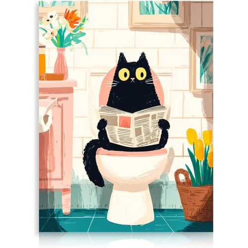KALANKA-Mignon Chat Art Mural Décor, Dessin Animé Chat Noir Lecture Journal Sur les Toilettes Oeuvre D¿Art Imprimer Salle de Bain Animal Affiche Murale Peinture, 30x40 cm Sans Cadre