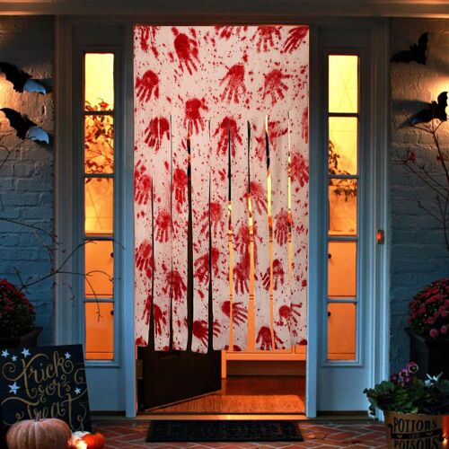 KALANKA-Lot de 2 rideaux de porte d'Halloween avec empreintes de mains sanglantes, rideaux effrayants en tissu pour décoration d'Halloween, extérieur et intérieur, décoration de maison hantée pour fê