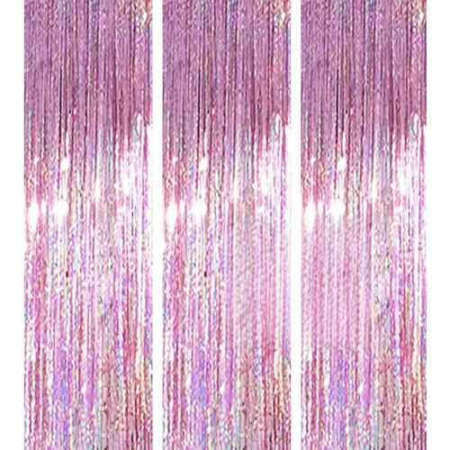 KALANKA-3 Pack Rideaux Métalliques Clinquant Feuille Frange Miroitement Rideau Porte Fenêtre Décoration Pour Anniversaire Fournitures De Fête De Mariage 3.2ft*6.6ft (1m*2m) - Laser Rose