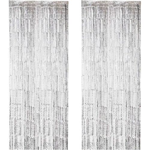 Kalanka-Lot De 2 Rideaux À Lamelles Argent À Paillettes, Rideaux Métalliques Clinquant Feuille Frange Miroitement Rideau Porte Fenêtre Décoration Pour Anniversaire Fournitures De Fête De Mariage