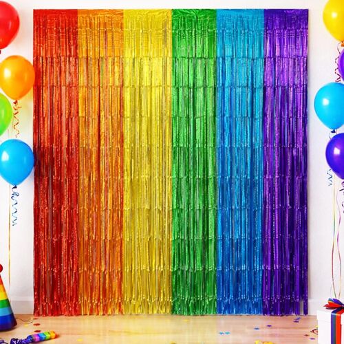 KALANKA-Rideau Métallique Tinsel Arc-en-Ciel, Rideau à Franges Brillant Auto-Adhésif, Décoration Anniversaire Porte Mur Table, Toile de Fond Photo pour Fête Carnaval Mariage