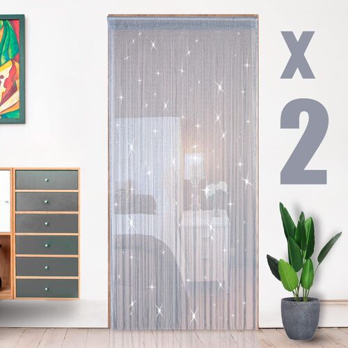Kalanka-Lot De 2 Rideaux Fils Paillette 100x200cm Draperie Frange Décoration Elégance Fenêtre Porte Anniversaire Mariage Fête Hôtel, Argenté