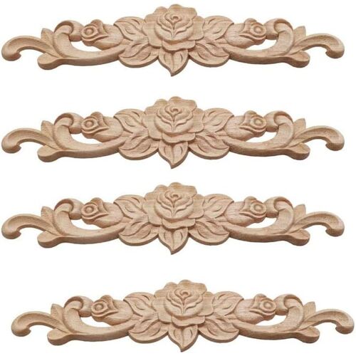 KALANKA-4 Pièces Cadre Bois Sculpté Applique, Rose Bois Sculpté Applique, Meubles, Fleur, pour Porte Meubles Cabinet Mural Armoire Décor Maison