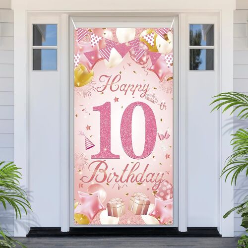 KALANKA-Bannière de décoration pour 10e anniversaire, bannière de porte pour 10e anniversaire, bannière Happy Birthday en or rose, couverture de porte pour photomaton, affiche pour décoration de fête