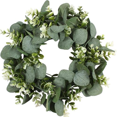 KALANKA-Couronne D'Eucalyptus, 30 cm Couronne Eucalyptus Artificielle, Couronnes Porte Décoratives avec Fleurs Artificielles et Feuilles Vertes, pour Extérieur, Intérieur, Mariage, Maison, Cheminée