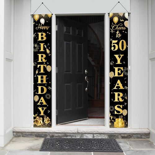 KALANKA-50 Ans Bannière de Porte Joyeux Anniversaire, 2 pièces 180 x 30cm Décorations de Porte Or Noir, Décoration de porte pour homme et femme