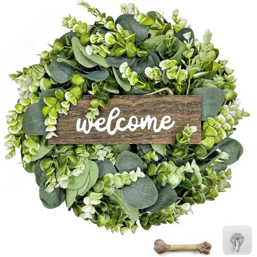 KALANKA-Couronne de porte colorée - Plaque de bienvenue - Couronne d'été - Pour toute l'année - Décoration de printemps - Pour porte d'entrée, porte, fenêtre, mur (vert)
