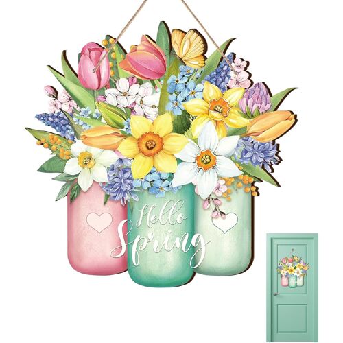 KALANKA-Panneau de Porte Spring, Bienvenue Printemps Décoration, Décoration Panneau de Porte en Bois, Hello Spring Sign, Printemps Door Sign, avec Cordelette et Fleurs, Ornements à Suspendre(C)