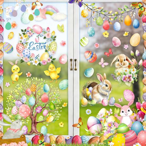 KALANKA-9 Feuilles Pâques Printemps Autocollants de Fenêtre, Décorations de Fenêtre de Porte de Pâques en PVC Électrostatiques Réutilisables, Lapins Poulet Papillon Fleur Oeuf de Pâques Autocollants