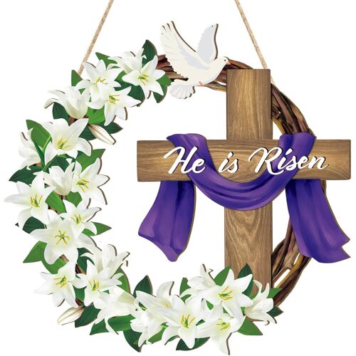 KALANKA-Panneau de porte « He is Risen »,Croix de Pâques,Décoration religieuse de Pâques Pour Porte, Mur,Intérieur et Extérieur Décoration (Violet A)