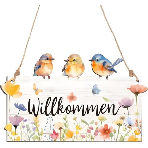 KALANKA-Panneau Bienvenue Suspendre Porte D'Entrée, 20x12cm Pancarte en Bois Boho Fleur Papillon Floral Bienvenue Panneau Porte Suspendre Plaque de Portes Rustique pour Famille Pendaison Crémaillère
