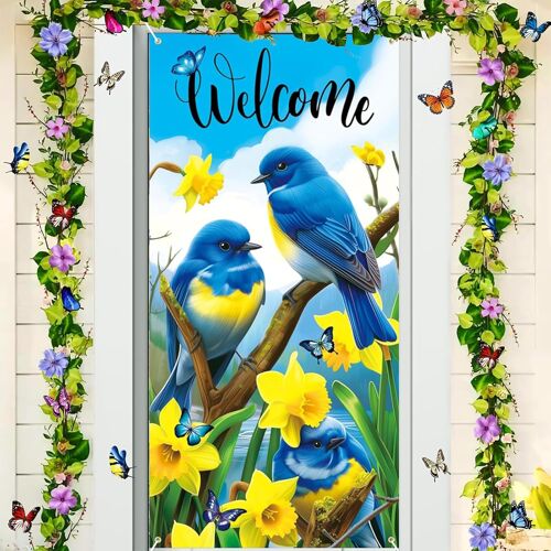 KALANKA-Couverture de Porte de Printemps Decoration Suspendue Bannière Toile de Fond de Printemps Fleurs, Welcome Bannière de Porte pour Décoration Pâques, Baby Shower, Fête de Printemps