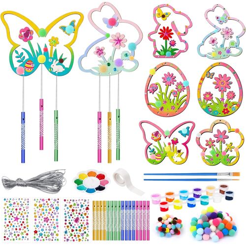 KALANKA-Lot de 12 ?ufs de Pâques en bois à peindre avec pompons, carillons éoliens, ficelle décorative, strass, bricolage avec enfants pour décoration de Pâques et cadeaux de Pâques